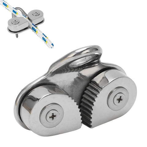 Marine Grade 316 Stainless Steel Cam Cleat For 3 To 15mm Ropes, visible progressive cam tooth design, rope inserted