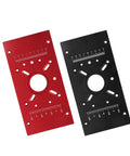 Top Shelf Aluminum Router Base Plate Precision Milling Table Insert For Woodworking Trimming Tasks Dead Nuts Accurate Center Bushing Delivers No Sweat Mounting With Red Anodized Finish, red and black plates with ruler markings.