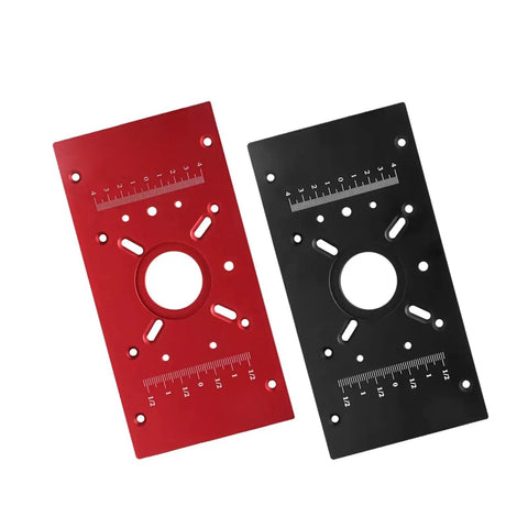 Top Shelf Aluminum Router Base Plate Precision Milling Table Insert For Woodworking Trimming Tasks Dead Nuts Accurate Center Bushing Delivers No Sweat Mounting With Red Anodized Finish, red and black plates with ruler markings.