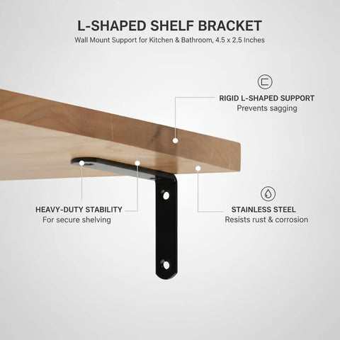 Rugged Stainless Steel L Shaped Shelf Bracket 4.5 x 2.5 Inch Wall Mount For Kitchen And Bathroom Shelves shown mounted on wood shelf.