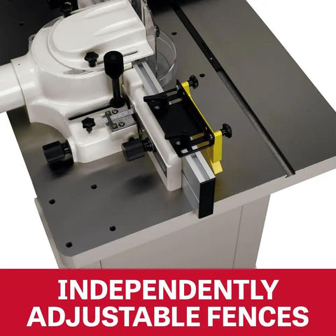 Shop Ready 5 HP Spindle Shaper With 230V Single Phase Motor featuring independently adjustable aluminum fences.