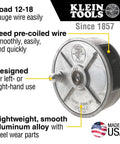 Tie Wire Reel for 12 to 18 Gauge Wire, Lightweight Aluminum Construction, Made in USA, showing knob and wire feed slots.