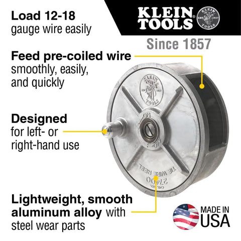 Tie Wire Reel for 12 to 18 Gauge Wire, Lightweight Aluminum Construction, Made in USA, showing knob and wire feed slots.