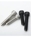Badass Stainless Steel and Carbon Steel Ball Spring Plungers with Hex Socket Setscrews displayed, featuring two silver and two black screws.
