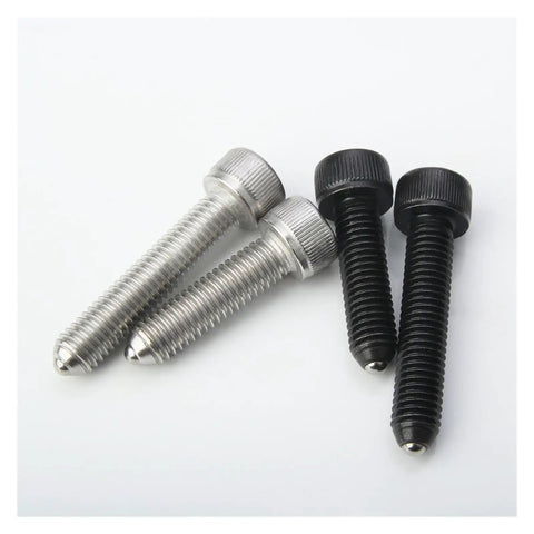 Badass Stainless Steel and Carbon Steel Ball Spring Plungers with Hex Socket Setscrews displayed, featuring two silver and two black screws.