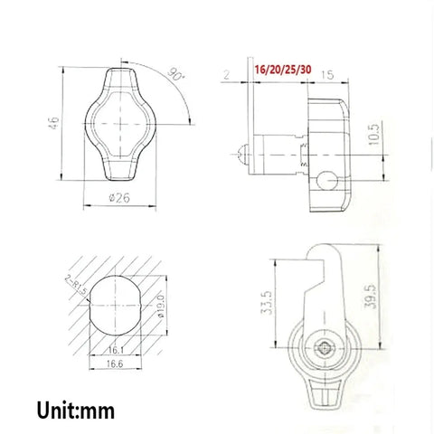Technical diagram of Keyless Cam Lock Handle For Drawers And Cabinets With Hook, Zinc Alloy Locker Lock dimensions.