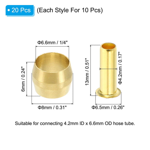 Brass compression sleeve and ferrule insert for 1/4 in hose, 20-piece kit; suitable for 4.2 mm ID x 6.6 mm OD hose