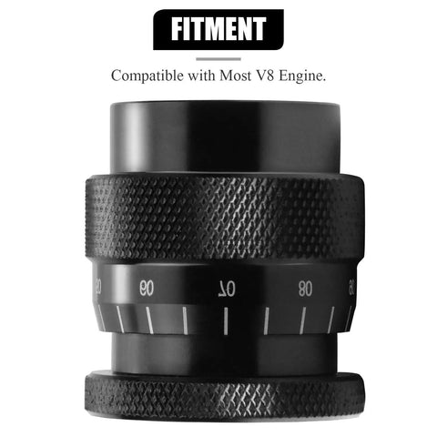 Valve Spring Height Micrometer Tool For Most V8 Engines, Pro Grade Gauge in black aluminum, shown with fitment note for V8 engines.