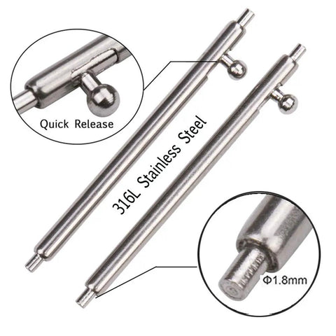 Heavy Duty Quick Release Spring Bars Kit With Watch Repair Tool For Stainless Steel Watch Straps Sizes 12mm To 24mm showing stainless steel spring bars.