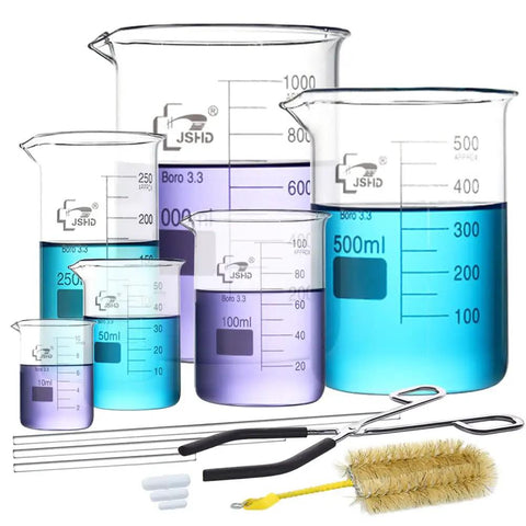 14 Piece Glass Beaker Set With 6 Graduated Beakers 10Ml 50Ml 100Ml 250Ml 500Ml 1000Ml Plus 11 Inch Beaker Tongs 3 Glass Stirring Rods