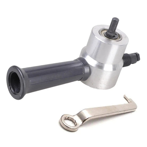 Heavy Duty Manual Metal Cutter Double Head Nibbler Drill Attachment for Tight Spaces showing a metal shear tool with handle and accessory.