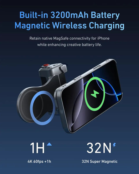 Master Grip Universal Magnetic Phone Grip with C03 Selfie Light, 3200mAh battery, wireless charging, graphene case for iPhone 17 Pro Max.