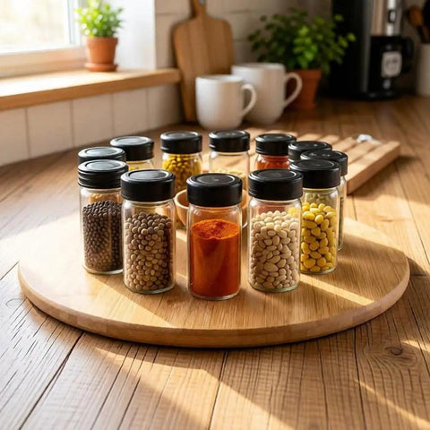 14 Inch Handmade Bamboo Lazy Susan Organizer With No Fuss 360 Degree Turntable for kitchen pantry and tabletop storage displaying spices