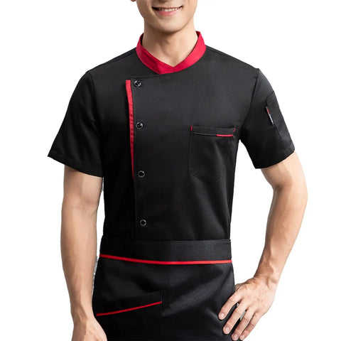 Heavy Duty Unisex Chef Jacket And Lightweight Kitchen Workwear Breathable Button Down Coat With Ergonomic Slim Fit Designed For The Daily Grind Black chef jacket with red accents and pocket, model showing front view.