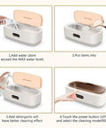 45000 Hertz Portable Ultrasonic Jewelry Cleaner Water Only detailed steps for cleaning rings, glasses, and circuit boards.