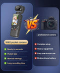 Comparison between W&O pocket camera and professional camera, highlighting features of Pocket POV Camera With 180 Degree Rotating Lens, One-Tap Recording, 32GB Memory, 7 Hour Battery, Handy Vlog Cam For Travel And Daily Life, Dark Gray Finish, Grab-And-Go Mini Camera.