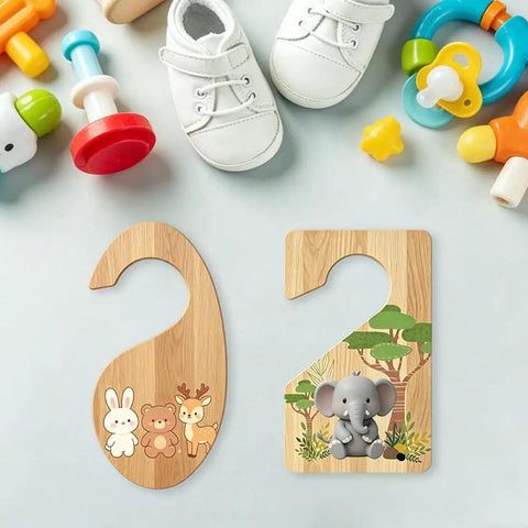 2 Piece Heavy Duty Acrylic Baby Closet Divider Router Template With Curved Hanger Cutting Stencil Clear Woodworking Routing Jig For Nursery Wardrobe Layout with animal designs.