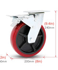 Heavy Duty Swivel Castor Wheels With Precision Ball Bearings Silky Smooth Polyurethane Treads Galvanized Steel Base showing dimensions and design.
