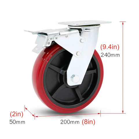 Heavy Duty Swivel Caster Wheels 4 Pack Polyurethane Rolling Casters With Precision Ball Bearings showing a red 8-inch wheel.