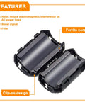 Close-up of No Nonsense Clip On Ferrite Ring Core EMI RFI Noise Suppressors showing clip-on design and ferrite core