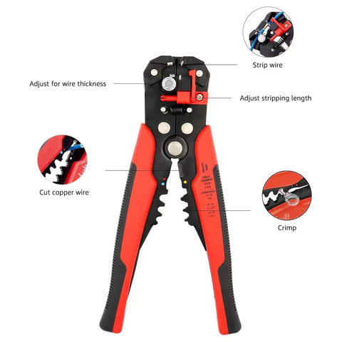 Self Adjusting Wire Stripper And Crimping Tool For 10 To 24 AWG Wires Easy Grip No Fuss Stripping Quick Crimping Durable Black Red Finish