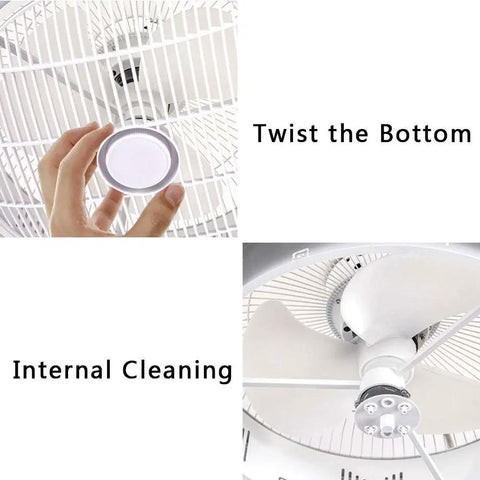 Enclosed Ceiling Fan With Light And Remote, 22 Inch Sleek Low Profile Wood And Metal Housing, showing internal cleaning and twist bottom.