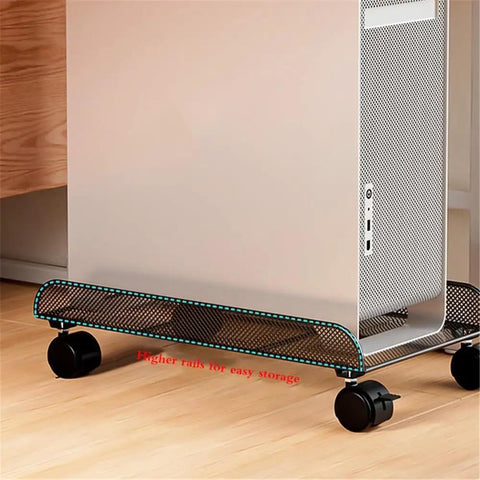 Heavy Duty Black Metal Under Desk Cpu Stand With Smooth Locking Casters, features higher rails and sturdy wheels for easy storage.