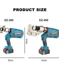 Heavy Duty Portable Rechargeable Hydraulic Cable Crimper image showing EZ-300 and EZ-400 sizes, designed for copper and aluminum terminal connectors.