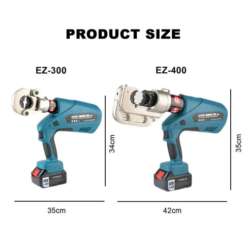 Heavy Duty Portable Rechargeable Hydraulic Cable Crimper image showing EZ-300 and EZ-400 sizes, designed for copper and aluminum terminal connectors.