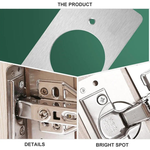 Stainless Steel Hinge Repair Plates Kit with Ten Thickened Metal Mending Brackets showing close-up details and installation.