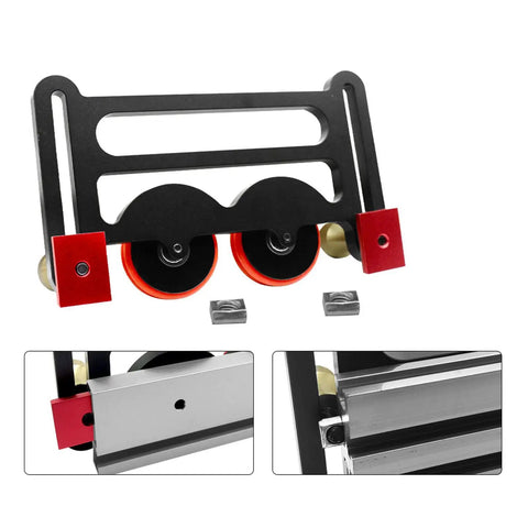 Rock Solid Double Wheel Bearing Locator Boards For Table Saw Featuring Grippy Rubber Rollers And Precision Sliding Plates for wood pushing.