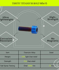 Titanium M5x15 bolt with hex socket, burnt blue finish for bicycle water bottle cage.
