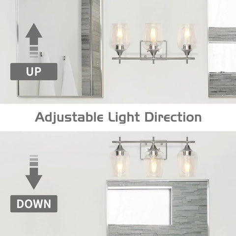 Two images of adjustable Three Light Brushed Nickel Vanity Light For Bathroom Over Mirror Glass Wall Mount Dimmable Modern Vanity Lighting.