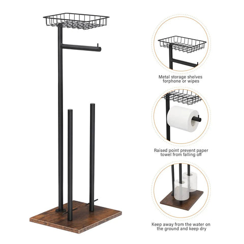 Dope Free Standing Toilet Paper Holder With Storage Shelf In Black And Brown Finish Holds One Dispenser And Up To Six Front Paper Towel Rolls Easy Access Bathroom Organizer Stand For Tidy Busy Homes showing metal shelf, dispenser, and base in detail.