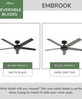Hunter 52 inch Indoor Ceiling Fan and Remote Control, Embrook Matte Black Ceiling Fan, reversible blades in matte black and dark gray oak.