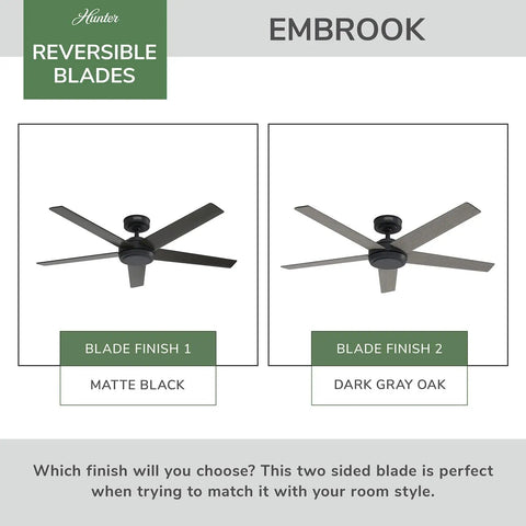 Hunter 52 inch Indoor Ceiling Fan and Remote Control, Embrook Matte Black Ceiling Fan, reversible blades in matte black and dark gray oak.