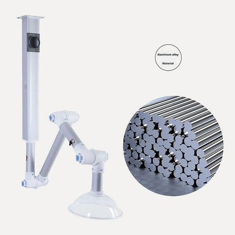 Slick Wall Mount Fume Extractor Hood With Adjustable Aluminum Arms And 360 Degree Tilt showing aluminum alloy arm and suction hood.