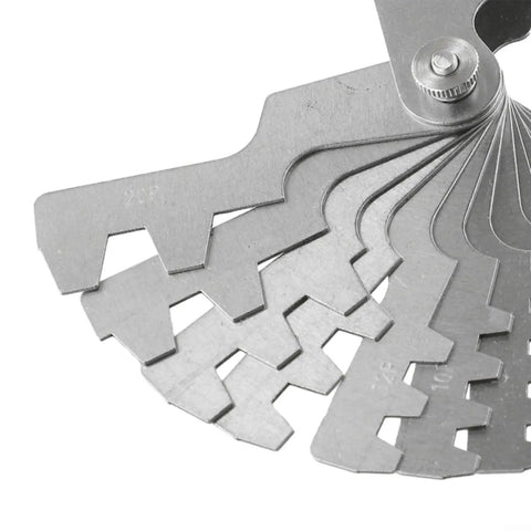 Close-up of 30 Degree TR30 Thread Gauge with folding blades in stainless steel, showing metric pitch range detail from 2P to 20P.