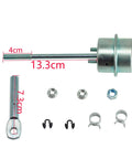 Turbo wastegate vacuum actuator, side view; metal silver finish, 13.3 cm rod with 4 cm threaded end; includes nuts and clips