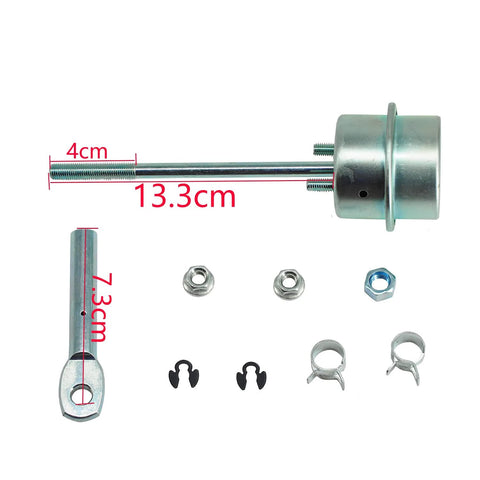 Turbo wastegate vacuum actuator, side view; metal silver finish, 13.3 cm rod with 4 cm threaded end; includes nuts and clips