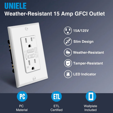 10 Pack Non Tamper Resistant 15 Amp GFCI Outlet With LED Indicator White 125V 1875W Receptacle ETL Certified installed on wall