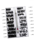Kickass Miniature Screw Set Countersunk Flat Head Screws In Slick Storage Case showing assorted black screws and screwdriver.
