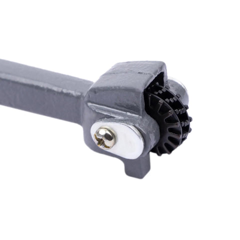 Close-up of Top Notch Heat Treated Carbon Steel Bench Grinding Wheel Dresser 10 1/2 Inch gray tool with scraper wheel.