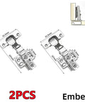 2-piece set of stainless steel cabinet door hinges with hydraulic damper for smooth, quiet action, includes measurements.