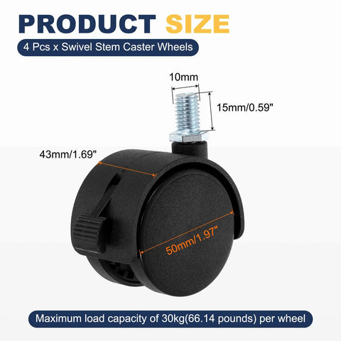 Four 2 Inch Swivel Stem Caster Wheels With Locking Brakes For Chairs Sofas Cabinets Shelves And Carts M10x15mm Threaded Nylon Furniture Casters Black Durable 30Kg Max Load Per Wheel Easy Screw Rod Install, showing 10mm stem, 50mm wheel diameter. Focus keyword: Four 2 Inch Swivel Stem Caster Wheels With Locking Brakes For Chairs Sofas Cabinets Shelves And Carts M10x15mm Threaded Nylon Furniture Casters Black Durable 30Kg Max Load Per Wheel Easy Screw Rod Install. Word Limit: 140 characters.