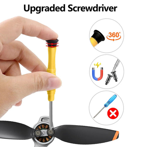 Hand holding screwdriver near 32 Pcs Propeller Blades For Mini 4K Mini 2 Mini 2 SE And Mini SE Replacement Low Noise Quick Release