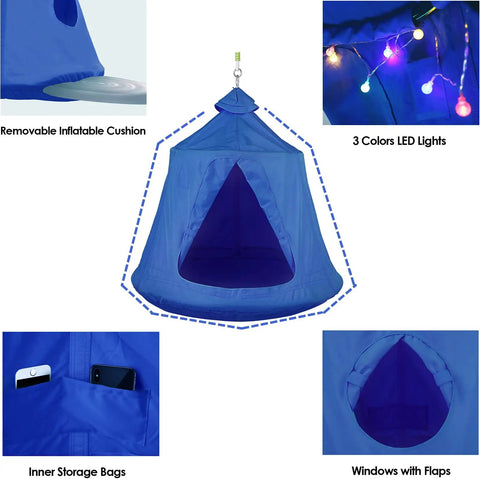 X Shaped Hanging Tree Tent With Swing Chair And Canopy, Steel Frame Hammock Stand For Indoor And Outdoor Use, Blue features