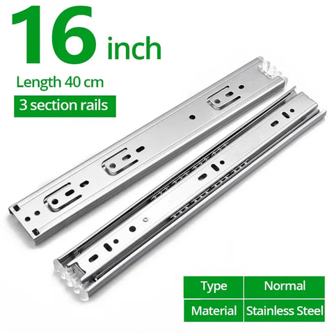 Smooth Stainless Steel Heavy Duty Drawer Slides With Soft Close Extending From 10 To 22 Inches Three Section Cabinet Rails For Kitchen Office And Workshop Easy Gliding Drawer Hardware, 16 inch size