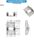Torque damping hinge for cabinet doors, 304 stainless steel; dimensioned front and side views with mounting holes.