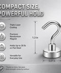 Boss Grade Magnetic Hooks 10 Pack Silver 30lb Grip Cruise Ship Essentials Refrigerator Wall Mount Organizer Clips No Drilling Needed For Easy Travel Hack Or Home Organization Setup, shown with specifications.